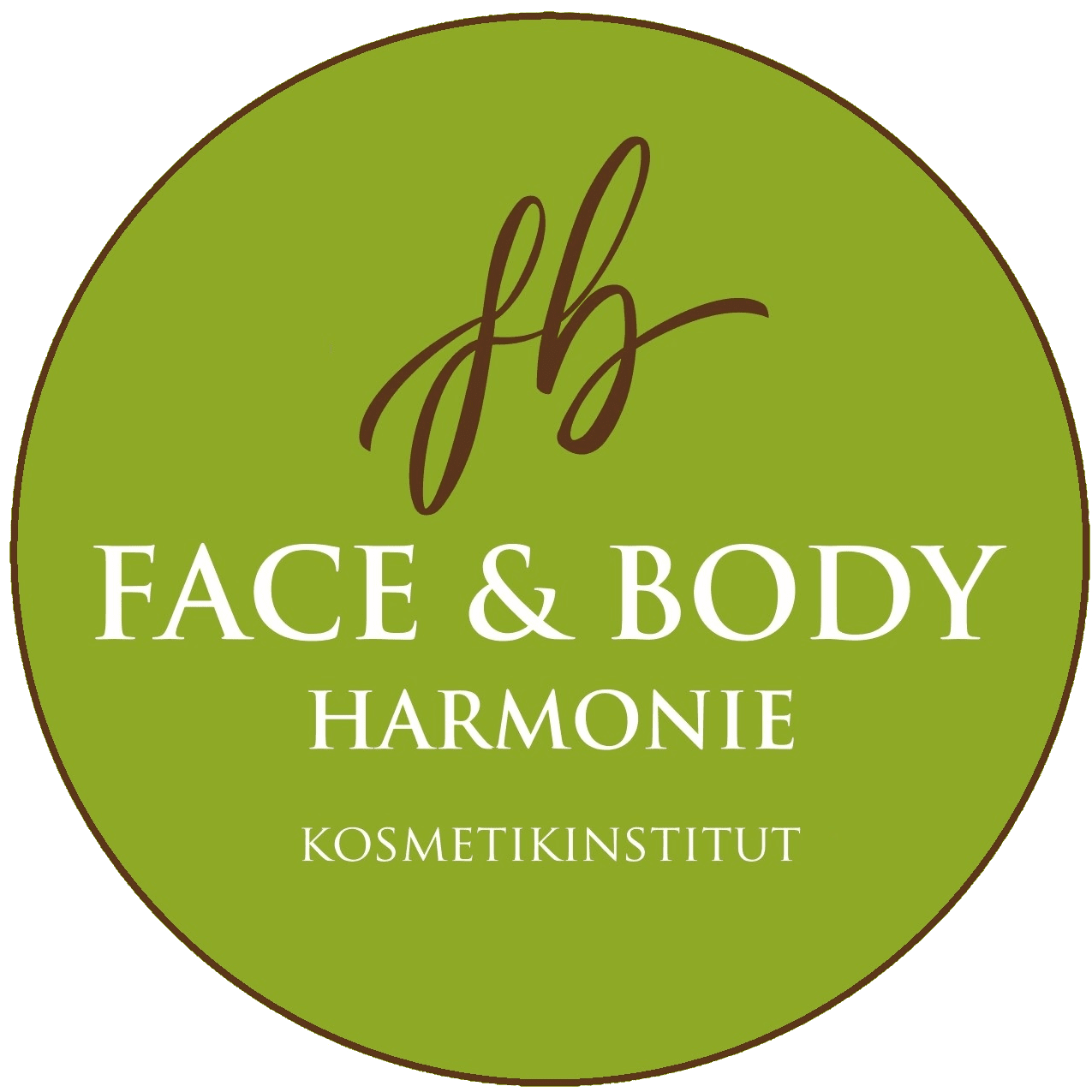 Rundes grünes Logo mit eleganten braunen Initialen „fb“ oben. Darunter steht in weißem Text: „FACE & BODY HARMONIE“ und darunter „KOSMETIKINSTITUT“.
